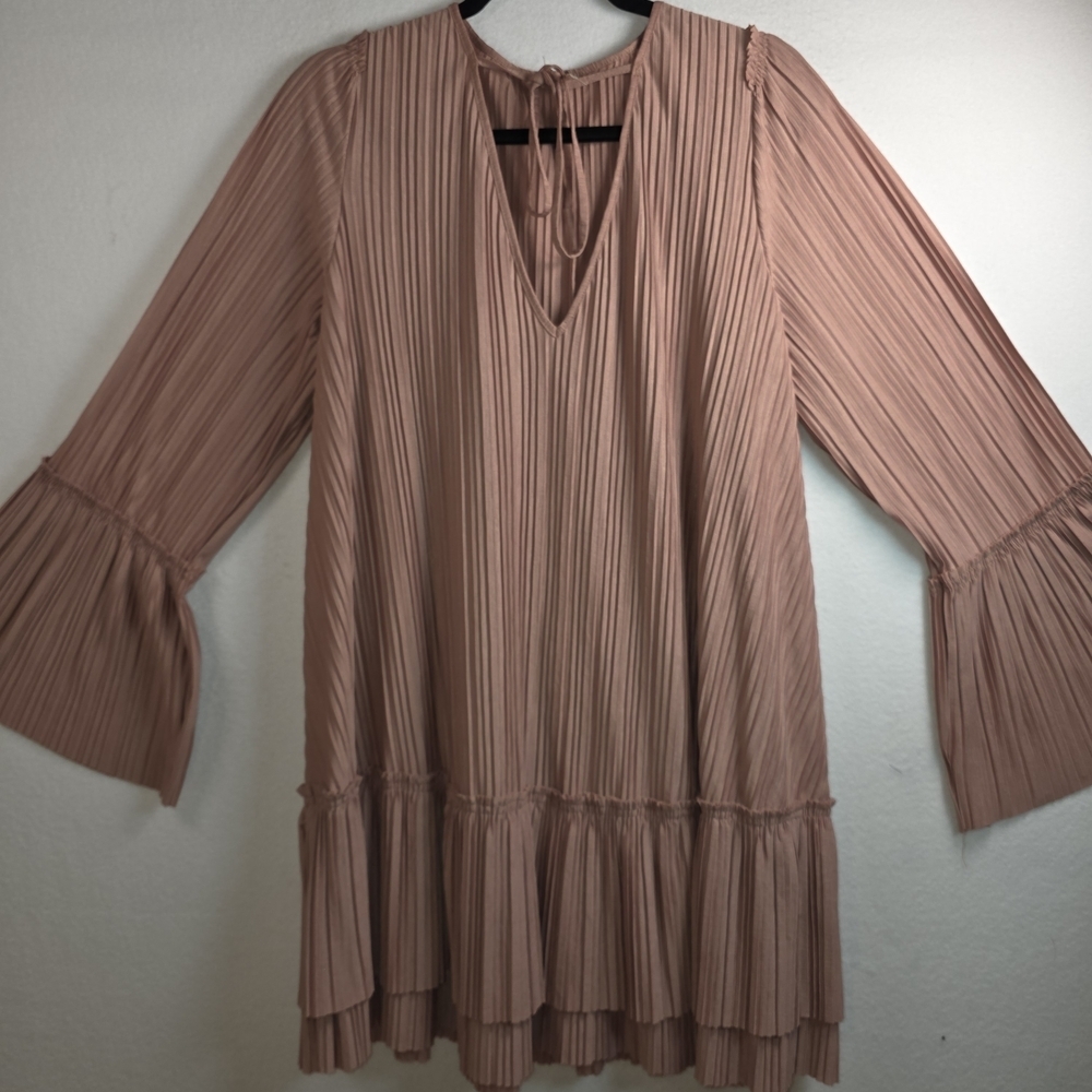 Free People Can't Help It Pleated Bell Sleeve Mini Dress Mauve Size M - Picture 9 of 11